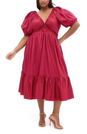 City Chic Grace Puff Sleeve Midi Dress in Raspberry at Nordstrom, Size Xxxs