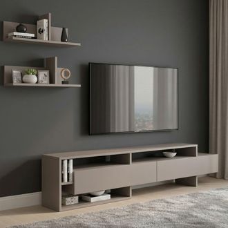 Dmora Pared Modular Huko, Mueble Sala 2 Cajones, 9 Estantes, Puerta Corredera, Beige