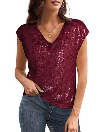 Grace Karin Ladies Tops Sparkly Glitter Top for Women UK Elegant Casual Tunic Party Top for Dinner Formal Evening Club S Size 8 Wine