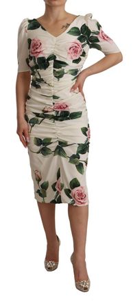 Dolce & Gabbana Womens White Roses Print Stretch Silk Pleated Dress