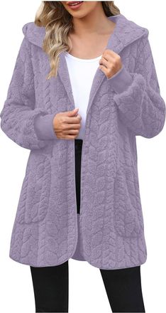 Generic Mid-length Fleece Coat for Women UK Thick Thermal Double Sided Sherpa Hooded Jacket Warm Fluffy Plush Trench Coat Soft Open Front Cardigan Outerwear L
