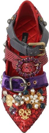 Dolce & Gabbana Womens Red Sequined Crystal Studs Heels Shoes Cotton