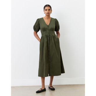Finery Arlow Short Sleeve V Neck Midi Tea Dress in Khaki at Nordstrom, Size 10