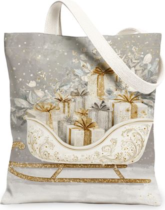 Generic Winter Sleigh Canvas Tote Bags, Elegant Floral Design Reusable Grocery Bags, Vintage Washable Lightweight Shoulder Strap Canvas for Travel Beach Shopp