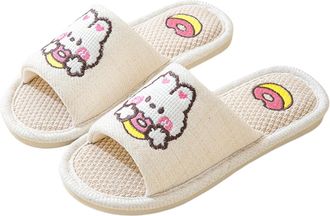 Generic Mens Womens Slippers Open Toe Slip-On Cute Embroidered House Indoor Slippers Linen Cotton Non-Slip Soft Casual Footwear Shoes Lightweight Comfortable 