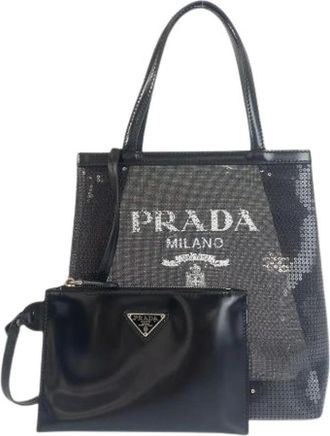 Prada Pre-owned Tote Bags, female, Black, Size: ONE SIZE Pre-owned Mesh Sequin Leather Tote Bag