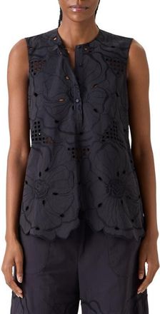 Akris Flower Eyelet Sleeveless Cotton Poplin Top in Black at Nordstrom, Size 10