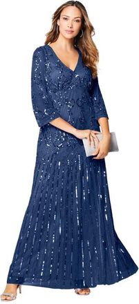 Roaman's Plus Size Beaded V-Neck 3/4 Sleeve Sleeve Maxi Gown in Evening Blue at Nordstrom, Size 40