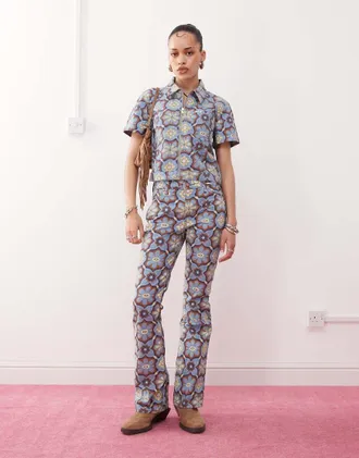 Wrangler bootcut 70s print jeans in blue - part of a set-Multi