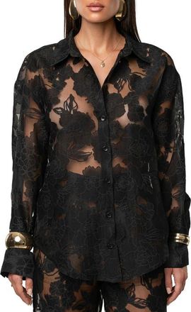 JLUXLABEL Embroidered Floral Cotton Blend Organza Button-Up Shirt in Black at Nordstrom, Size Medium