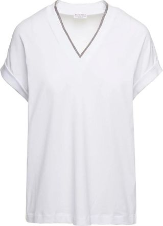 Brunello Cucinelli Wit V-hals T-shirt met Monile detail - Dames - T-shirts - Wit - M - Katoen - Tops