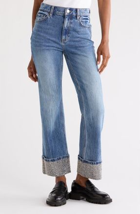 Alice & Olivia Chic Embellished Cuffed Ankle Jeans in Brooklyn Blue at Nordstrom Rack, Size 26