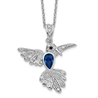 Diamond2Deal Sterling Silver Lab Created Dark Blue Spinel and White Cubic Zirconia Hummingbird Necklace 18