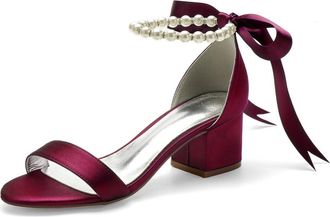 Generic Bride Heels Womens Block Heel Bridal Shoes Open Toe Pearl Heels Wedding Shoes Bridal Wedding Low Heels Sandals 5.5Cm,Wine red,10 UK