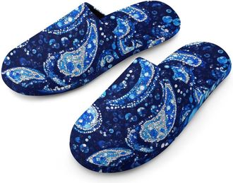 Generic Blue Paisley Sequin Pattern Mens Slippers Flannel Warm House Shoes with Rubber Anti-Slip Sole Slip On for Home Outdoor