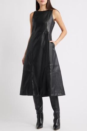 Halogen Structured Faux Leather Midi Dress in Rich Black 060 at Nordstrom Rack, Size X-Small