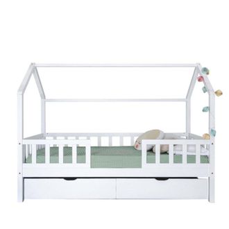 Muemue Cama casita con barandilla + 2 cajones madera blanco 90x190cm