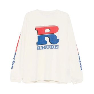 Rhude Long Sleeve Tops, male, White, Size: M Split Petrol Logo LS Tee