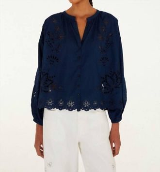 Farm Rio Artisanal Long Sleeve Blouse In Navy