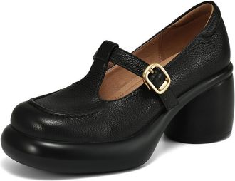 TinaCus Womens Genuine Leather Round Toe T-Strap Platform High Chunky Heels Comfortable Pumps Shoes, Black, 4.5 UK