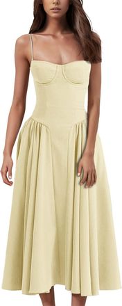 Generic Womens Summer Dresses 2024 Pleated Dresses Sleeveless Square Neck Spaghetti Strap Maxi Tshirt Dress Casual Loose Beach Sundress with Pockets A-Line Su