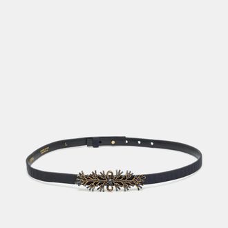 Oscar De La Renta Oscar De La Renta Dark Blue Satin Crystal Embellished Bow Slim Belt