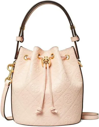 Tory Burch Mini T Monogram Debossed Bucket Bag in Blush at Nordstrom
