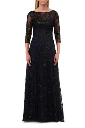 La Femme Mother of the Bride Dress with Full Skirt and Illusion Neckline in Black/navy at Nordstrom, Size 14