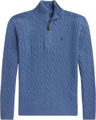 Polo Ralph Lauren Pullover met halve rits van kabellook - Heren - Vesten met rits - Blauw - L - Wol - Hoodies & sweatvesten