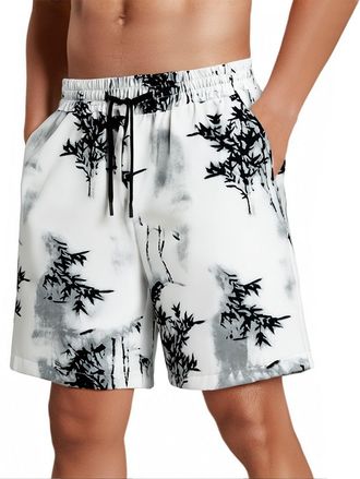 Generic Mens Casual Linen Shorts - Summer Beach Cotton Swim Trunks, Elastic Waist Drawstring Tropical Print Athletic Walking Half Pants Summer Wear White