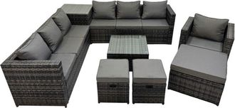 Fimous Fimous 10 Seater Garden Outdoor Rattan Furniture Set Patio Corner Sofa Coffee Table with Side Table 3 Stool Dark Grey