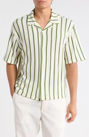 PacSun Naz Stripe Camp Shirt in White/Green at Nordstrom, Size X-Large
