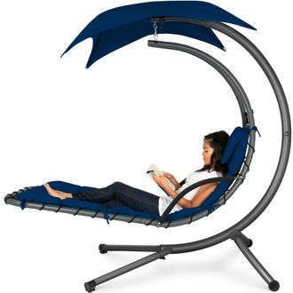 Best Choice Products Hanging Curved Chaise Lounge Chair Swing w/ Pillow, Shade, Stand