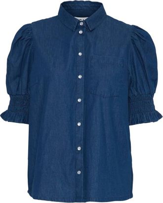 Ichi Donkerblauwe Gewassen Blouse met Pofmouwen - Dames - Overhemden - Blauw - L - Katoen - Overhemden
