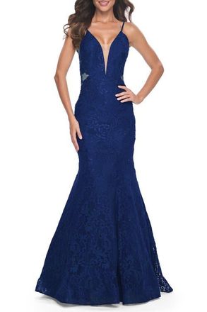 La Femme Long Mermaid Lace Dress with Back Rhinestone Detail in Navy at Nordstrom, Size 6
