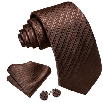 Barry.Wang Mens Brown Tie and Pocket Square Set Solid Colors Silk Necktie Handkerchief Cufflink Formal