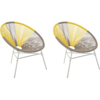 Beliani Conjunto De 2 Sillas De Balc&oacute;n De Rat&aacute;n Sint&eacute;tico Beige Amarillo Resistente A La Intemperie Sala De Estar Jard&iacute;n Bistr&oacute; Moderno Acapulco