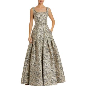 Mac Duggal Metallic Zebra Print Sleeveless A-Line Gown With Belt in Gold at Nordstrom, Size 10