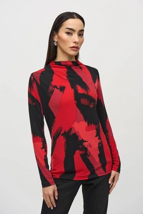 Joseph Ribkoff Silky Knit Abstract Print Mock Neck Top In Black Red