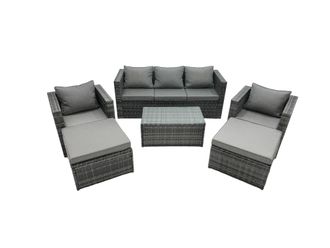 Fimous 7-seater Patio Coffee Table Sofa Set with 2 Big Footstools in Dark Grey