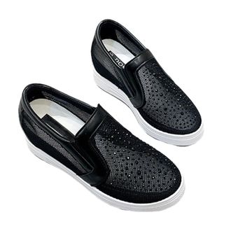 Generic Womens Slip-On Sneakers with Rhinestone Mesh Design Fashion Breathable Tennis Shoes Platform Sparkly Hidden Heel Canvas Loafers (Black,4.5)