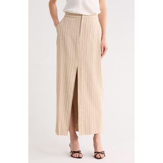 L'agence Maceline Pinstripe Linen Blend Maxi Skirt in Tan/Brown Pinstripe at Nordstrom Rack, Size 16