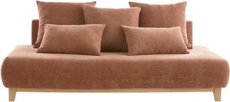 Miliboo Sof&aacute; 3 Plazas De Tejido Efecto Aterciopelado Texturizado Terracota Y Madera Clara 200 Cm Odeon