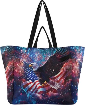 Generic Flag Fireworks Blue pattern Reusable Canvas Tote Bag, Heavy Duty Grocery Shopping Bag with Large Capacity Double Handles Hard Bottom Work Groceries Tr