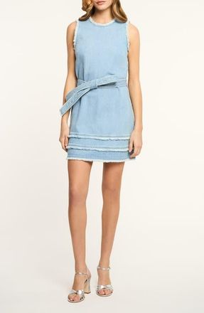 Cinq &agrave; Sept Mindie Fray Tie Waist Denim Minidress in Mist at Nordstrom, Size 14