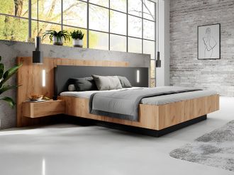 Vente-Unique Letto con contenitore con comodini 2 cassetti Con LED 140 x 190 cm Naturale e Antracite - FRANCOLI