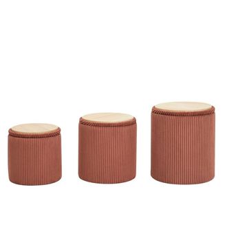 Nordlys Set 3 pufs en madera y terciopelo terracota