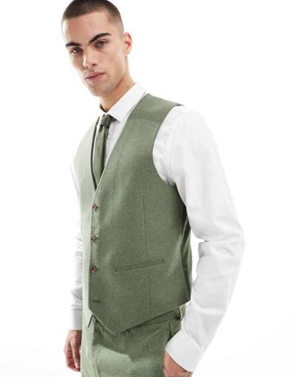 Asos slim suit vest with wool in green herringbone