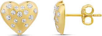 SHYMI Scattered Stones Puffy Heart Stud Earrings -.925 Sterling Silver, Rhodium Plated, 14K Gold-Plated, Cubic Zirconia Detailing