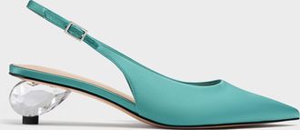 Charles & Keith Satin Pointed-Toe Crystal-Heel Slingback Pumps